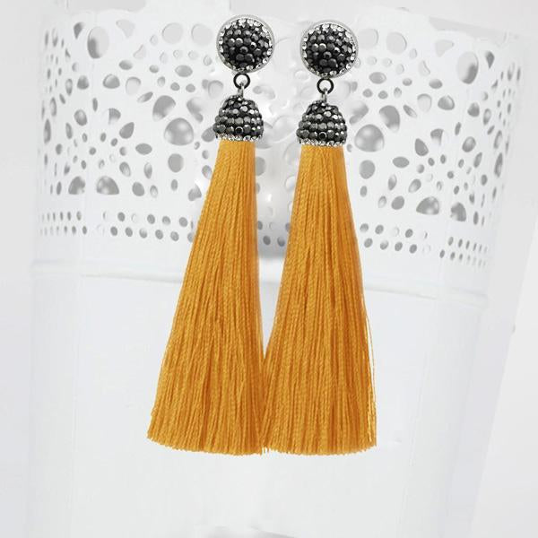 Jeweljunk Stone & Yellow Thread Rhodium Plated Tassel Earrings - 1310933G