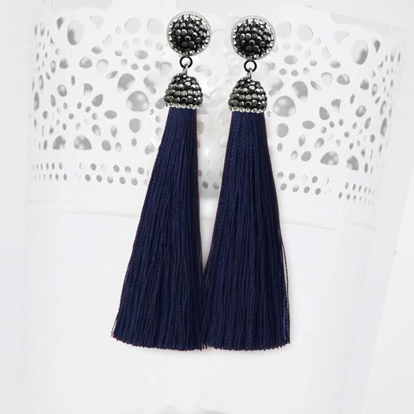 Jeweljunk Stone & Blue Thread Rhodium Plated Tassel Earring - 1310933L