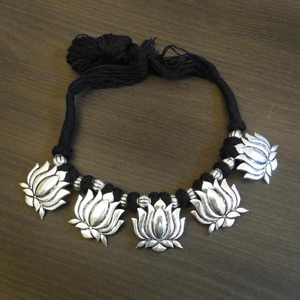 Jeweljunk Thread Silver Plated Lotus Design Tribal Necklace - 1111501B