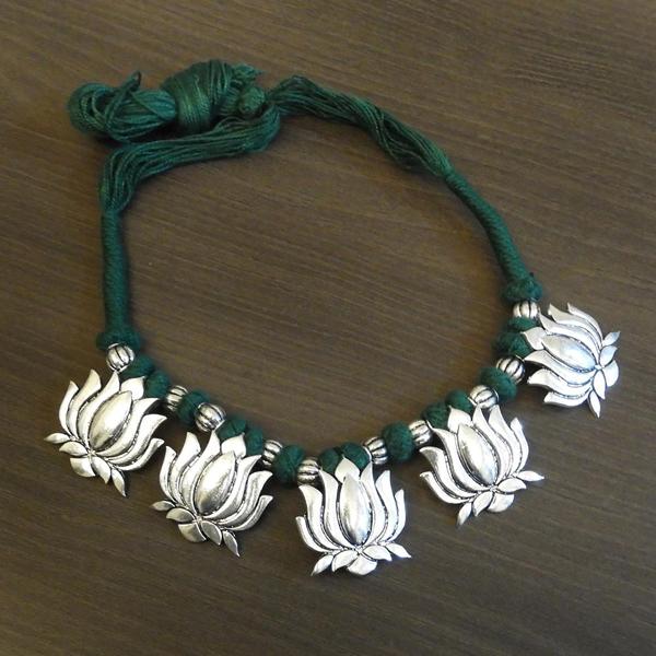 Jeweljunk Thread Silver Plated Lotus Design Tribal Necklace - 1111501F