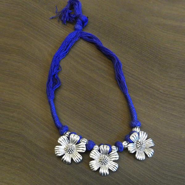 Jeweljunk Floral Design Blue Thread Tribal Necklace - 1111502B