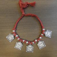 Jeweljunk Brown Thread Silver Plated Tribal Necklace - 1111503E
