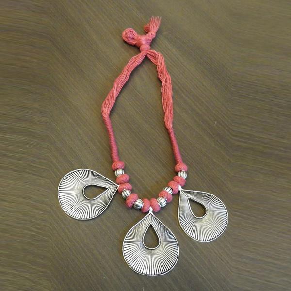 Jeweljunk Pink Thread Silver Plated Tribal Necklace - 1111504D