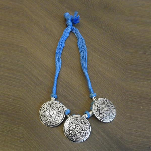 Jeweljunk Silver Plated Blue Thread Tribal Necklace - 1111505G
