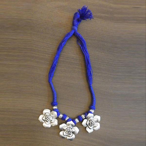 Jeweljunk Silver Plated Blue Thread Tribal Necklace - 1111506B