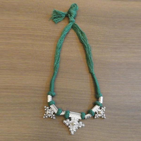 Jeweljunk Silver Plated Green Thread Tribal Necklace - 1111507G