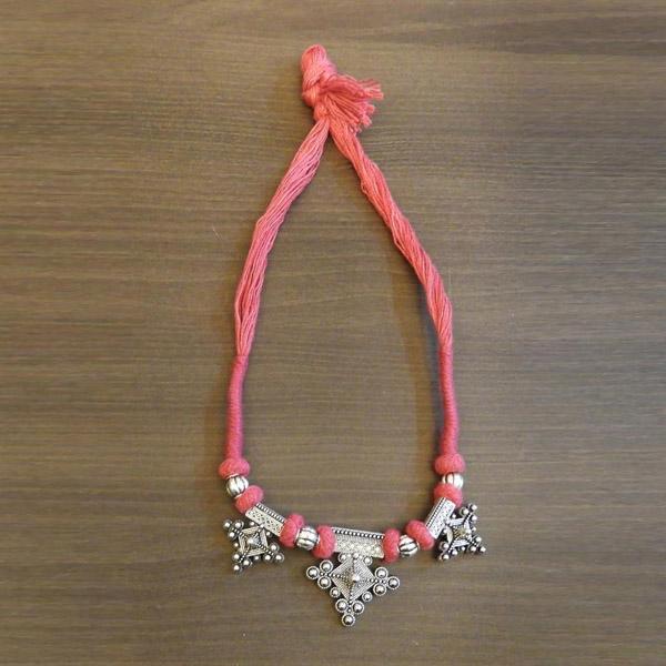 Jeweljunk Silver Plated Pink Thread Tribal Necklace - 1111507I