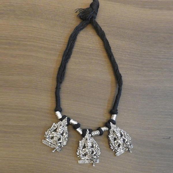 Jeweljunk Black Thread Silver Plated Temple Necklace - 1111508A