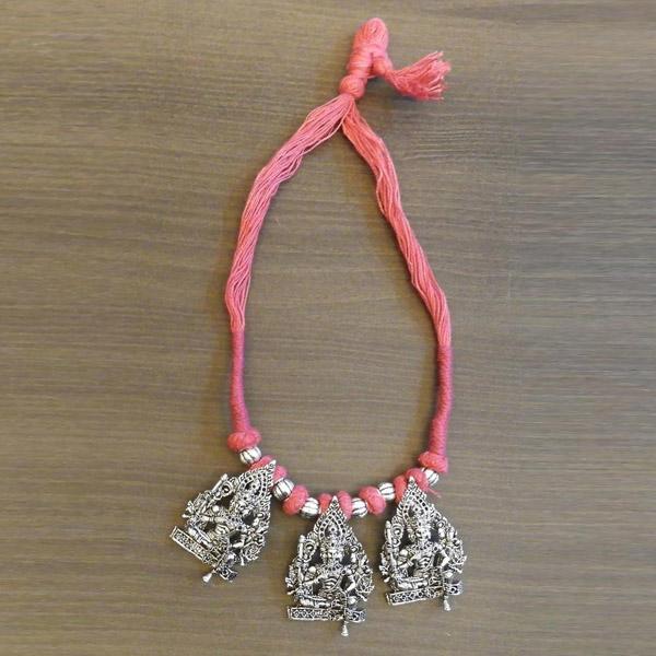 Jeweljunk Pink Thread Silver Plated Temple Necklace - 1111508D