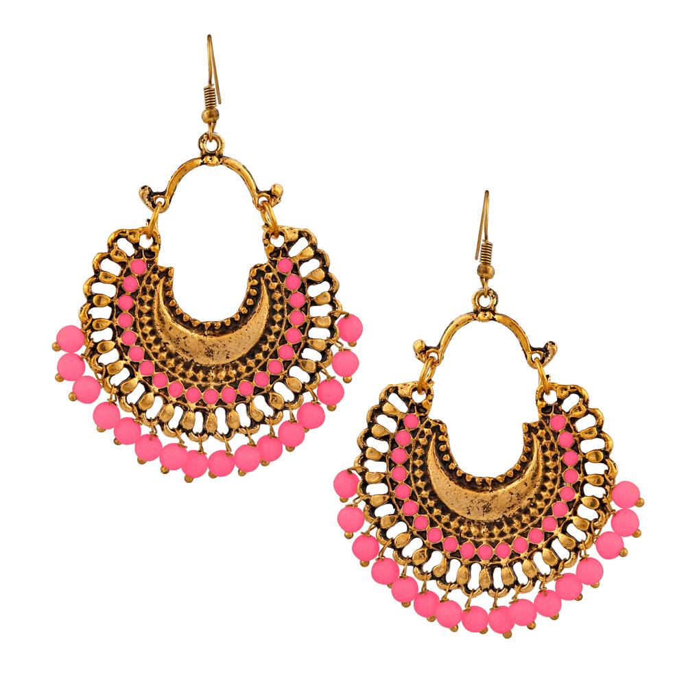 Jeweljunk Gold Plated Pink Beads Afghani Dangler Earrings - 1311001M