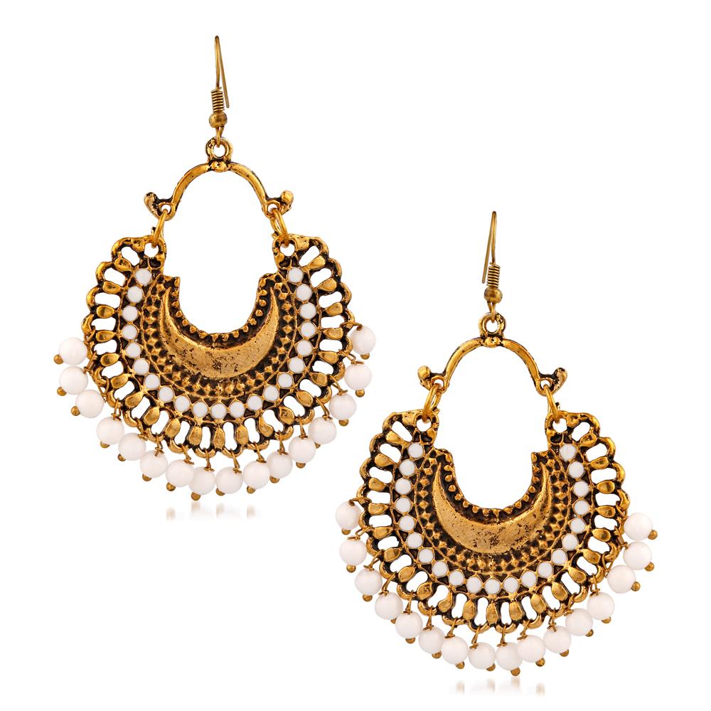 Jeweljunk Gold Plated White Beads Afghani Dangler Earrings - 1311001P