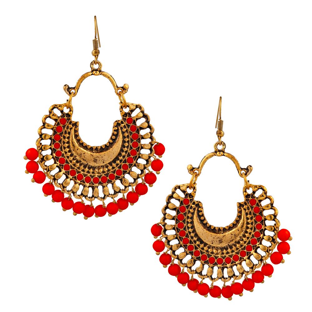 Jeweljunk Gold Plated Red Beads Afghani Dangler Earrings - 1311001Q