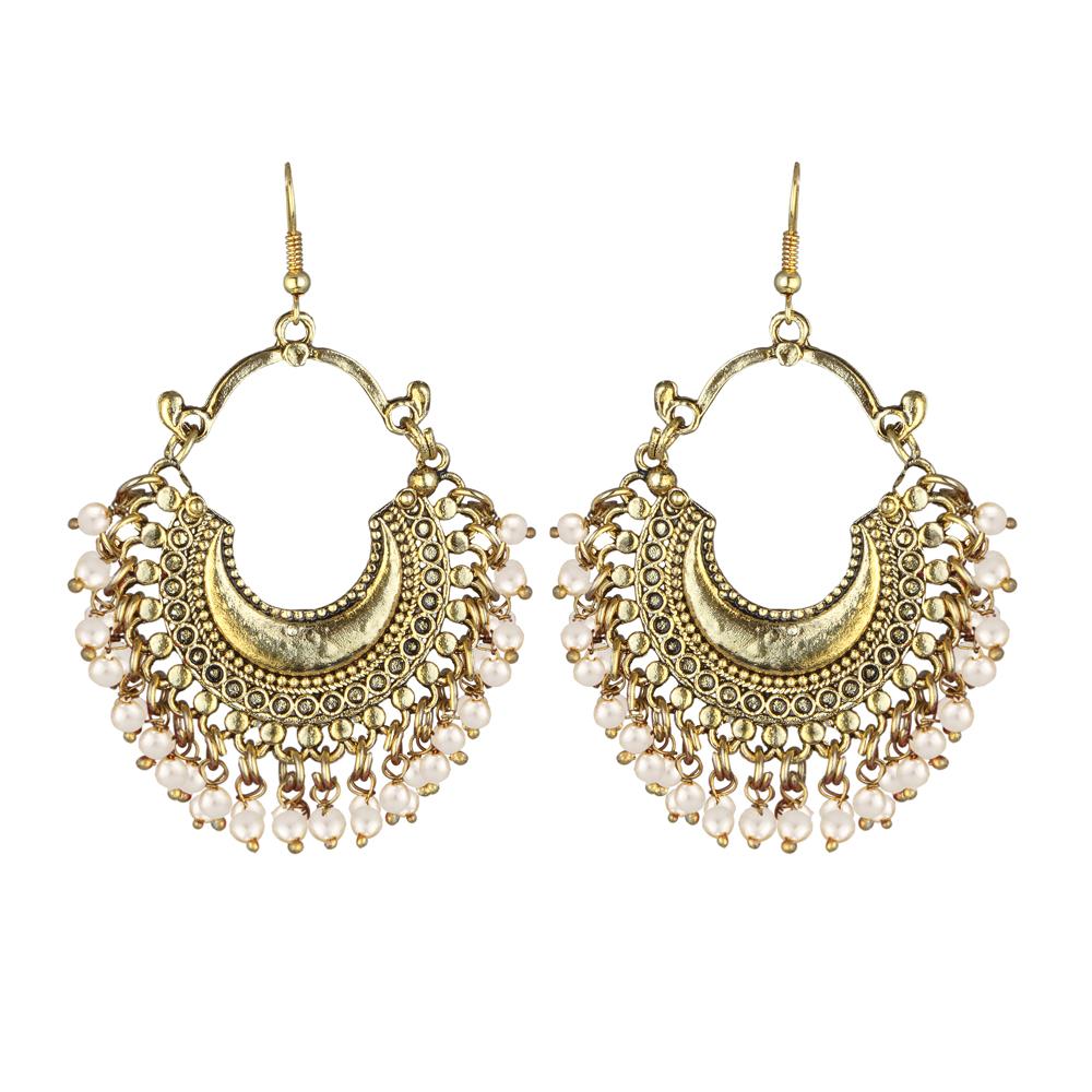Jeweljunk Gold Plated White Beads Afghani Dangler Earrings - 1311001T
