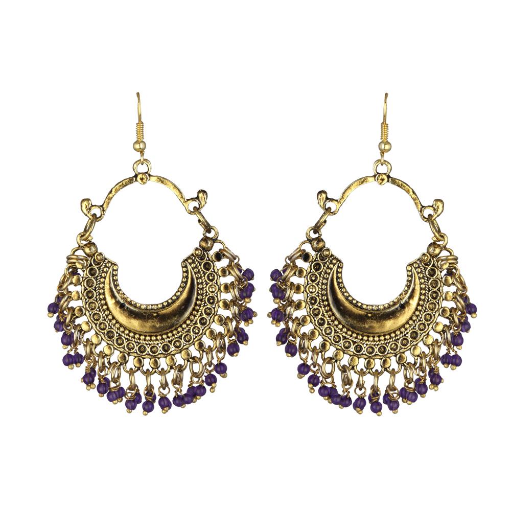 Jeweljunk Gold Plated Purple Beads Afghani Dangler Earrings - 1311001V