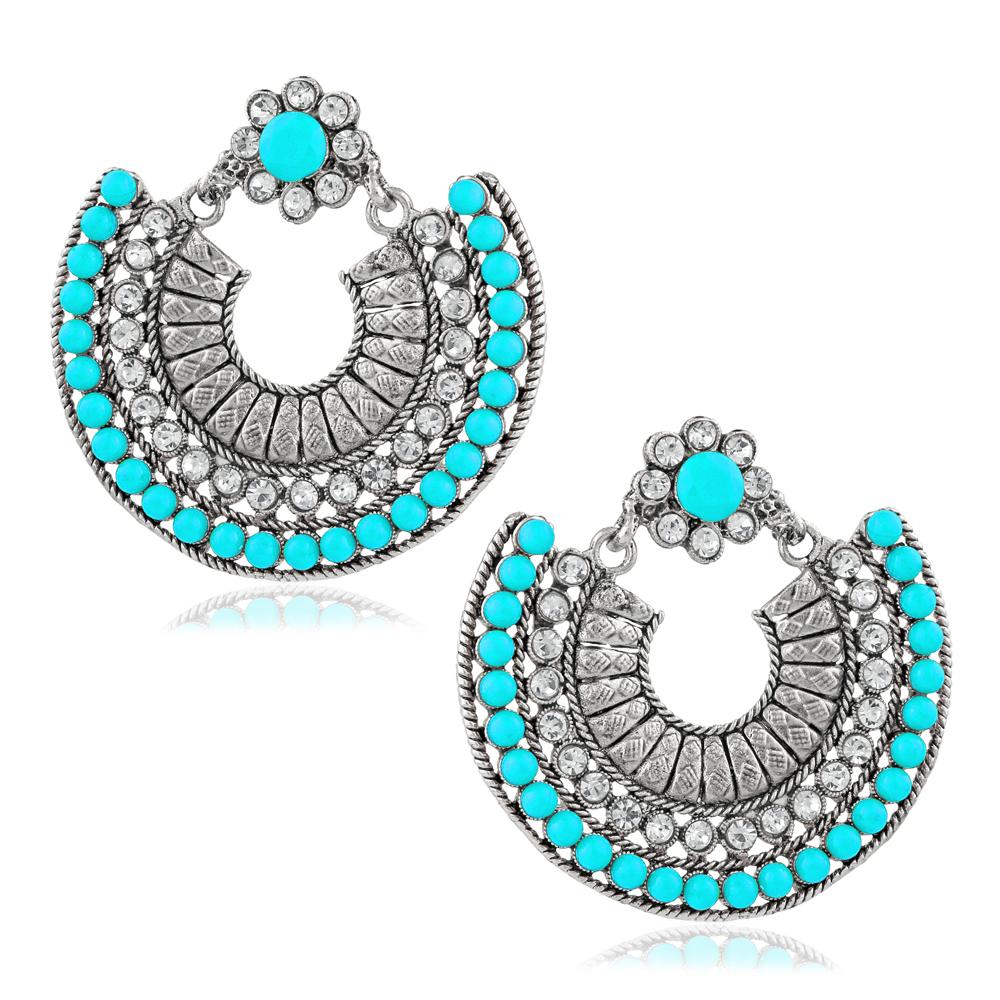 Jeweljunk Silver Plated Blue Beads Chandbali Earrings - 1311024A