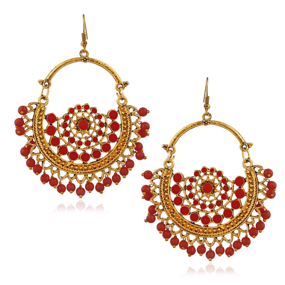 Jeweljunk Gold Plated Maroon Beads Afghani Earrings - 1311027B