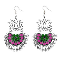 Jeweljunk Silver Plated Green & Pink Meenakari Afghani Earrings - 1311079D