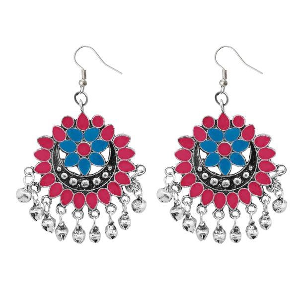 Jeweljunk Pink & Blue Meenakari Silver Plated Afghani Earrings - 1311080E