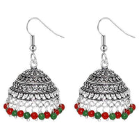 Jeweljunk Maroon Beads Rhodium Plated Jhumki Earrings - 1309007E
