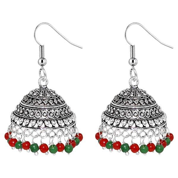 Jeweljunk Maroon Beads Rhodium Plated Jhumki Earrings - 1309007E
