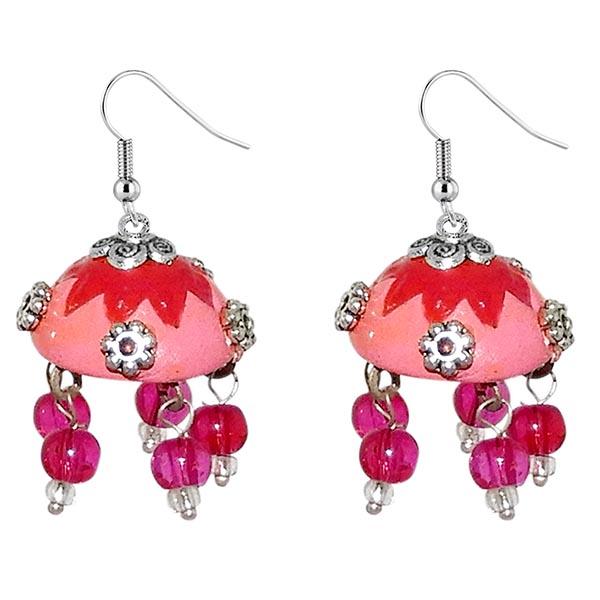 Tip Top Fashions Pink Meenakari Rhodium Plated Jhumki Earrings - 1309009A