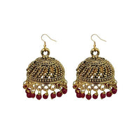 Jeweljunk Maroon Beads Antique Gold Plated Jhumki Earrings - 1309339D