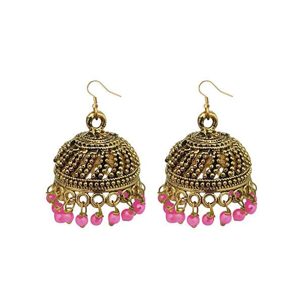 Jeweljunk Pink Beads Antique Gold Plated Jhumki Earrings - 1309339F