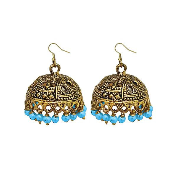 Jeweljunk Antique Gold Plated Blue Beads Jhumki Earrings - 1309340C