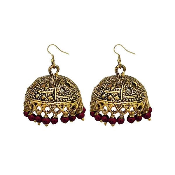 Jeweljunk Antique Gold Plated Maroon Beads Jhumki Earrings - 1309340D