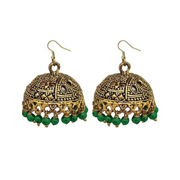 Jeweljunk Green Beads Antique Gold Plated Jhumki Earrings - 1309340E