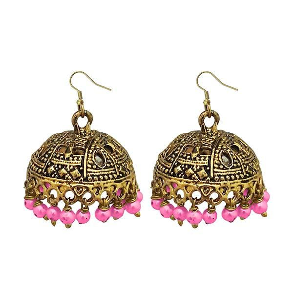 Jeweljunk Antique Gold Plated Pink Beads Jhumki Earrings - 1309340F