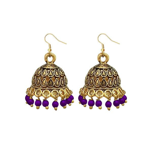 Jeweljunk Antique Gold Plated Purple Beads Jhumki Earrings - 1309341B