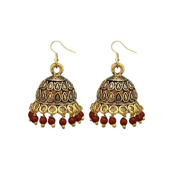 Jeweljunk Antique Gold Plated Maroon Beads Jhumki Earrings - 1309341D