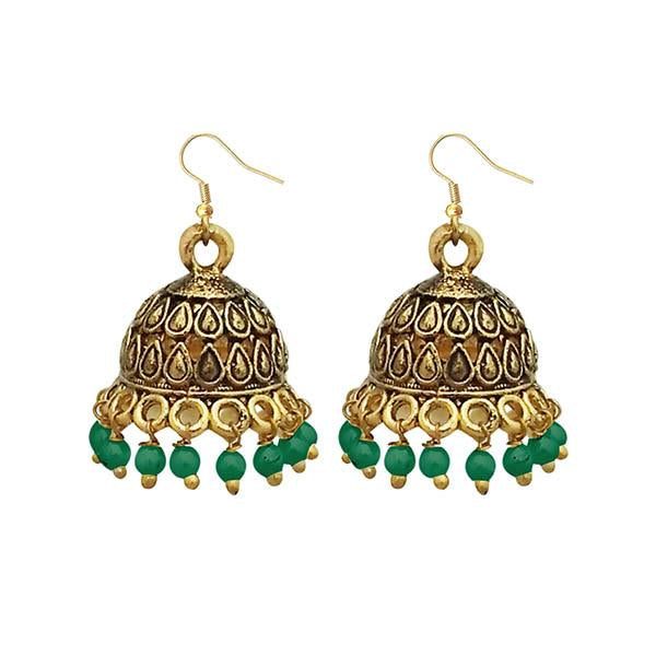 Jeweljunk Antique Gold Plated Green Beads Jhumki Earrings - 1309341E