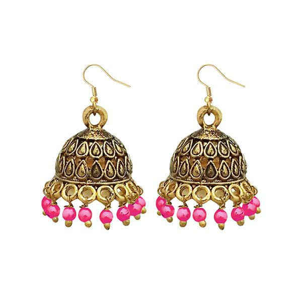 Jeweljunk Antique Gold Plated Pink Beads Jhumki Earrings - 1309341F