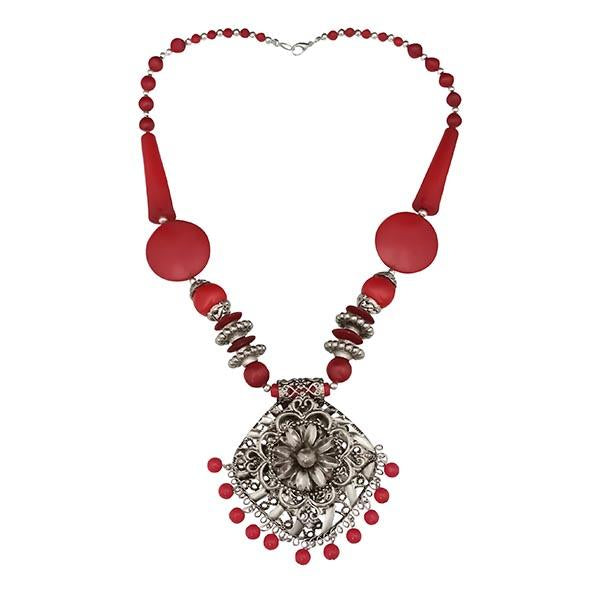 Jeweljunk Maroon Beads Rhodium Plated Statement Necklace - 1106626