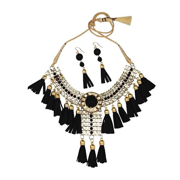 Jeweljunk Black Thread Gold Plated Statement Necklace - 1106630A