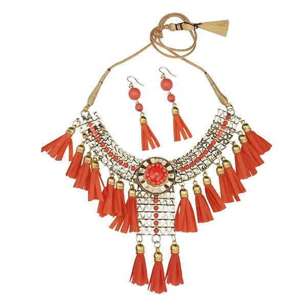 Jeweljunk Orange Thread Gold Plated Statement Necklace - 1106630B