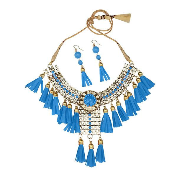 Jeweljunk Blue Thread Gold Plated Statement Necklace - 1106630C