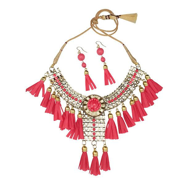 Jeweljunk Pink Thread Gold Plated Statement Necklace - 1106630F