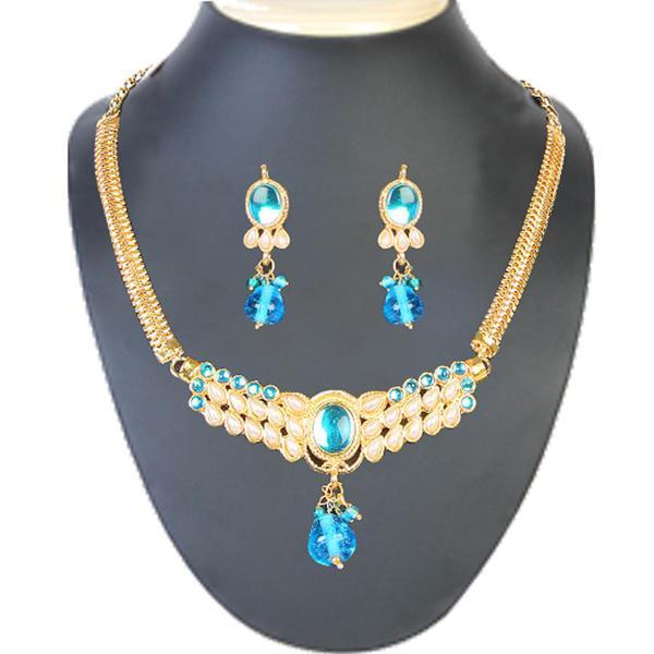 Tip Top Fashions Blue Kundan Pearl Gold Plated Necklace Set - 1101006