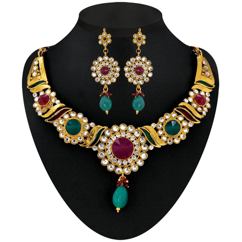 Soha Fashion Gold Plated Multicolour Kundan Necklace Set - 2200606