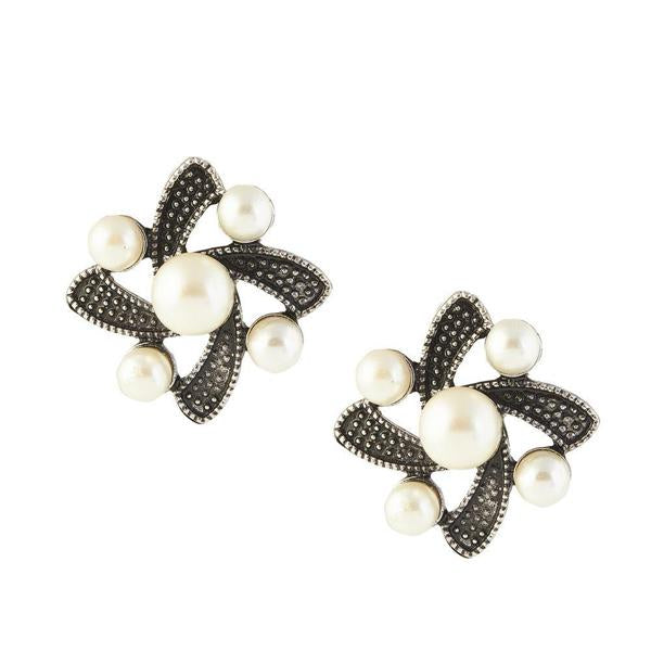 The99Jewel Pearl Silver Plated Floral Stud Earrings - 1306402