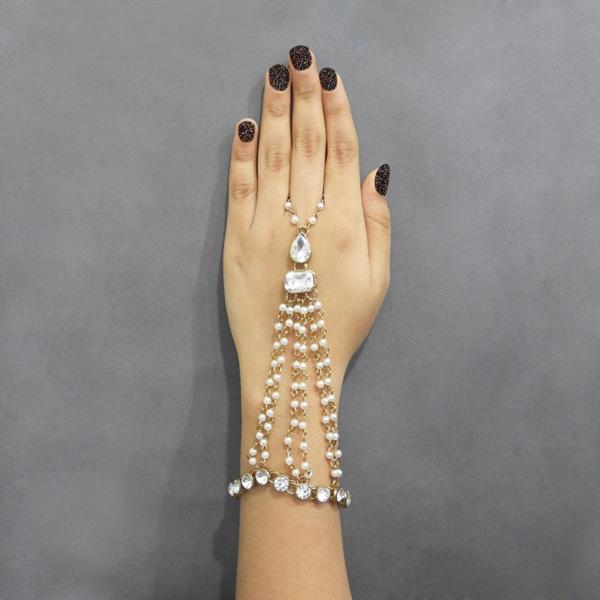 Apurva Pearls Gold Plated Pearl Stone Chain Hand Harness - 1502402