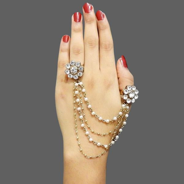 Apurva Pearls Stone Pearl Tassel Chain Double Finger Ring - 1503203B