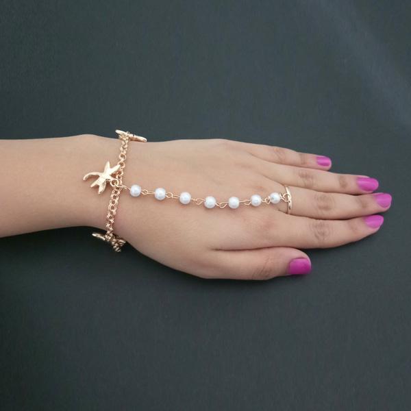 Apurva Pearls Gold Plated Pearl Chain Hand Harness - 1502359