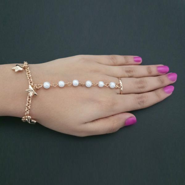 Apurva Pearls Gold Plated Pearl Chain Hand Harness - 1502360