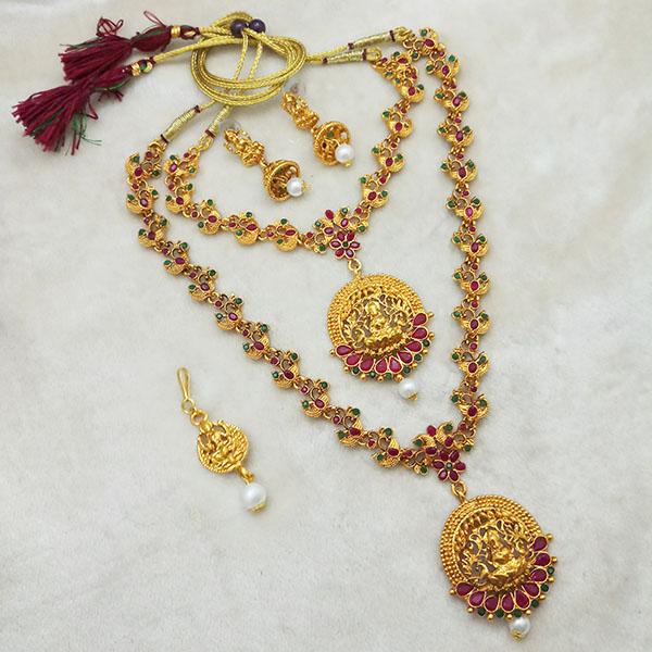 Bhavi Maroon Stone Double Gold Plated Necklace Set