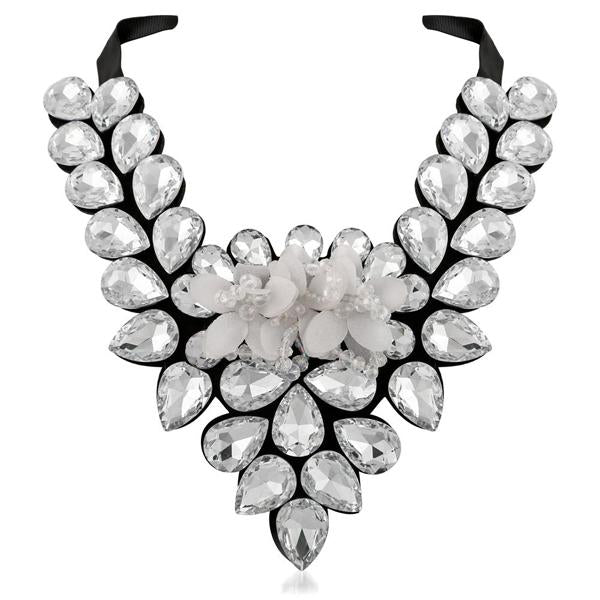 Yoona White Crystal Stone Black Ribbon Necklace Set - 1111224A