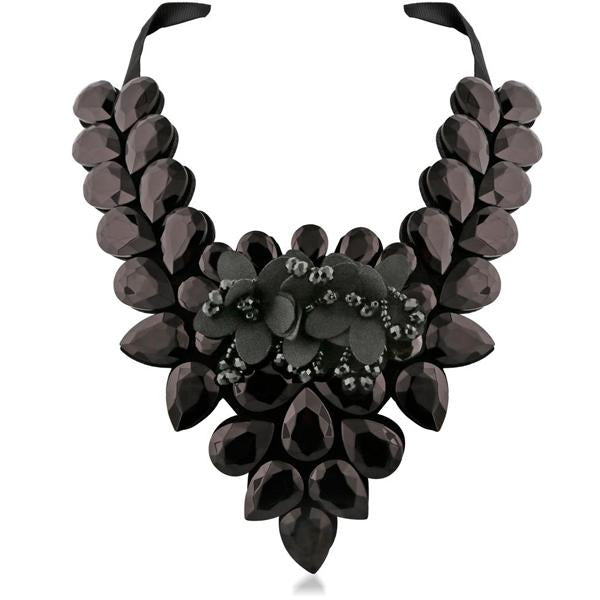 Yoona Black Crystal Stone Black Ribbon Necklace - 1111224C